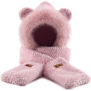 Women's Pink Winter Cute Bear Ear Hat Scarf 3 In 1 Faux Fur Gloves Set
